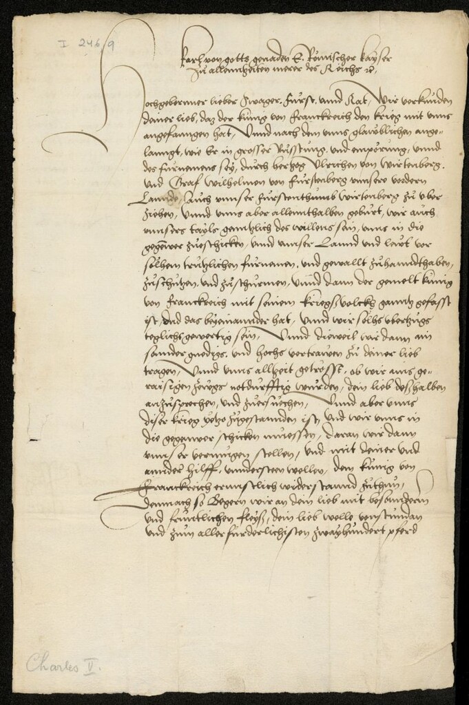 Miniatura de Carta de Carlos V a un príncipe alemán comunicándole el comienzo de la primera guerra con Francisco I de Francia
