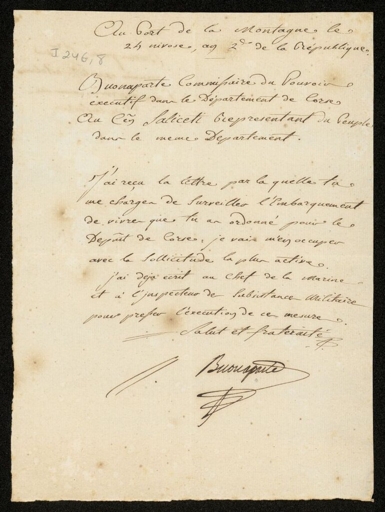 Miniatura de Carta de José Napoleón Bonaparte, comisario del poder ejecutivo francés en el departamento de Córcega, a Christophe Saliceti