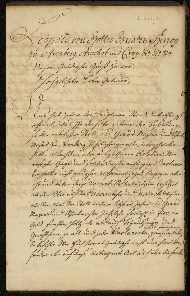 Miniatura de Carta del Duque de Arenberg, mariscal y comandante en jefe de las tropas imperiales en los Países Bajos, a Monsieur de La Borde