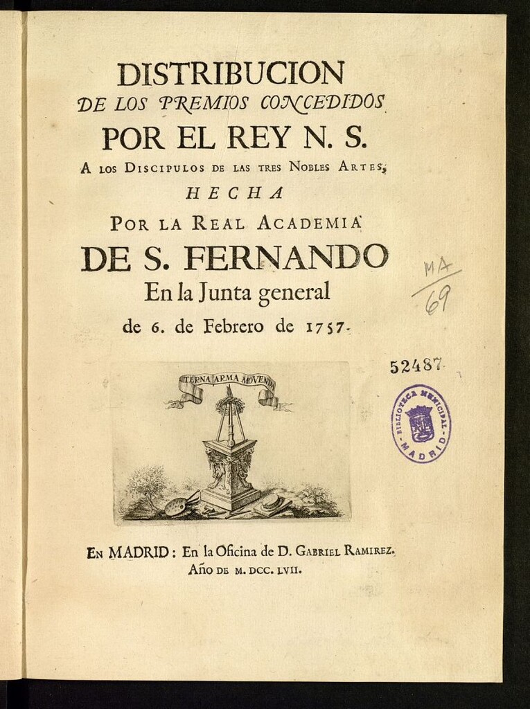 Miniatura de Distribución de los premios concedidos por el Rey N. S. a los discípulos de las tres Nobles Artes, hecha por la Real Academia de S. Fernando en la Junta General de 6 de febrero de 1757