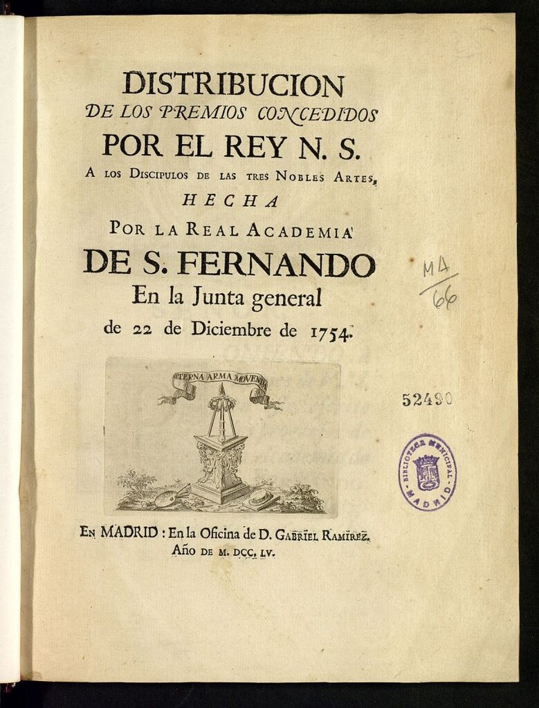 Miniatura de Distribución de los premios concedidos por el Rey N. S. a los discípulos de las tres Nobles Artes, hecha por la Real Academia de S. Fernando en la Junta General de 22 de diciembre de 1754