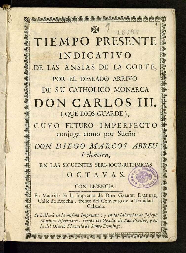 Miniatura de Tiempo presente indicativo de las ansias de la Corte, por el deseado arrivo de su catholico monarca Don Carlos III (que Dios guarde)