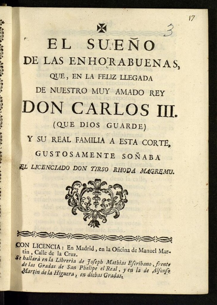 Miniatura de El sueño de las enhorabuenas, que, en la feliz llegada de nuestro muy amado Rey Don Carlos III ... y su Real familia a esta Corte, gustosamente soñaba