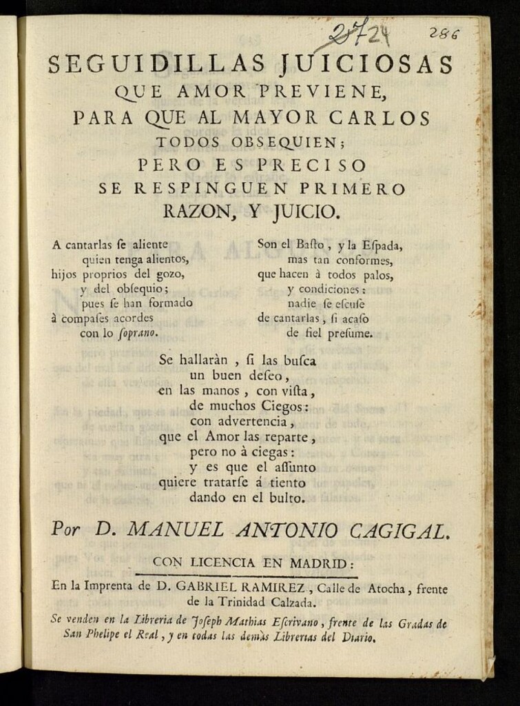Miniatura de Seguidillas juiciosas que amor previene para que al mayor Carlos todos obsequien : pero es preciso se respinguen primero razón y juicio ...