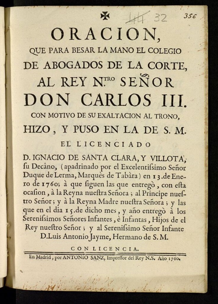 Miniatura de Oración, que para besar la mano el colegio de abogados de la Corte, al Rey Ntro. Señor don Carlos III con motivo de su exaltación al trono ...