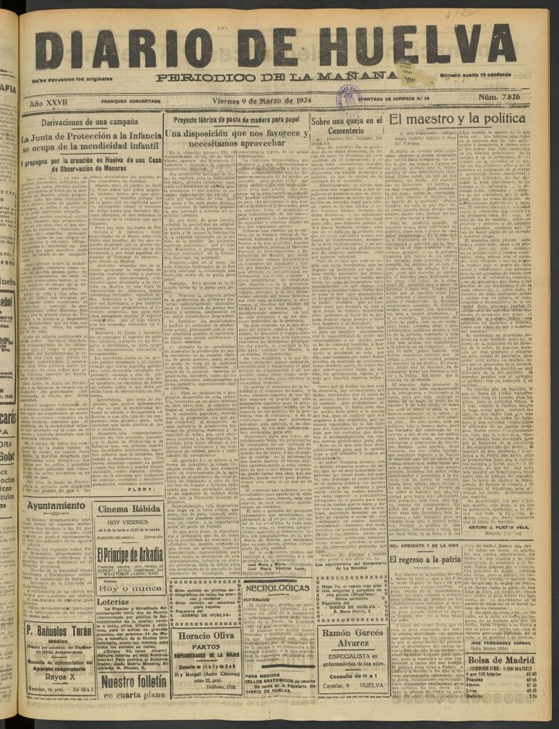 Miniatura de Diario de Huelva : periódico independiente del 9 de marzo de 1934