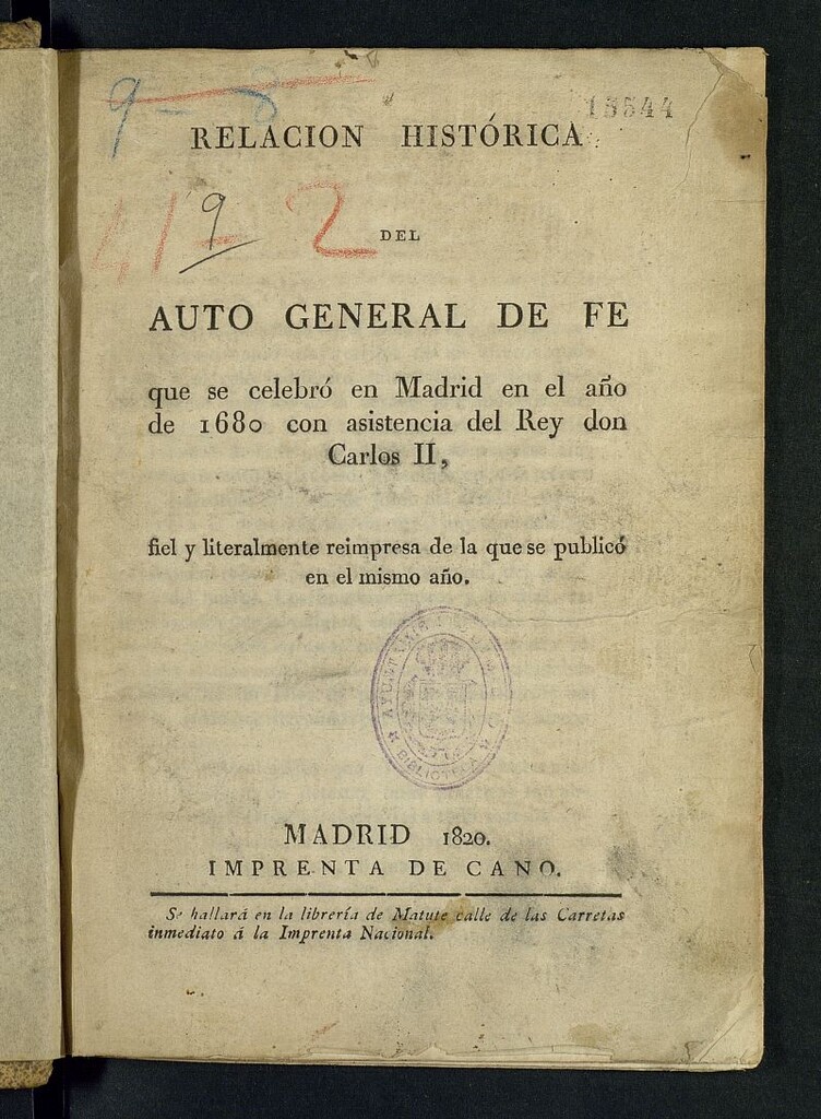 Miniatura de Relación histórica del Auto general de Fe, que se celebró en Madrid en el año de 1680 con asistencia del rey Don Carlos II, fiel y literalmente reimpresa de la que se publicó en el mismo año