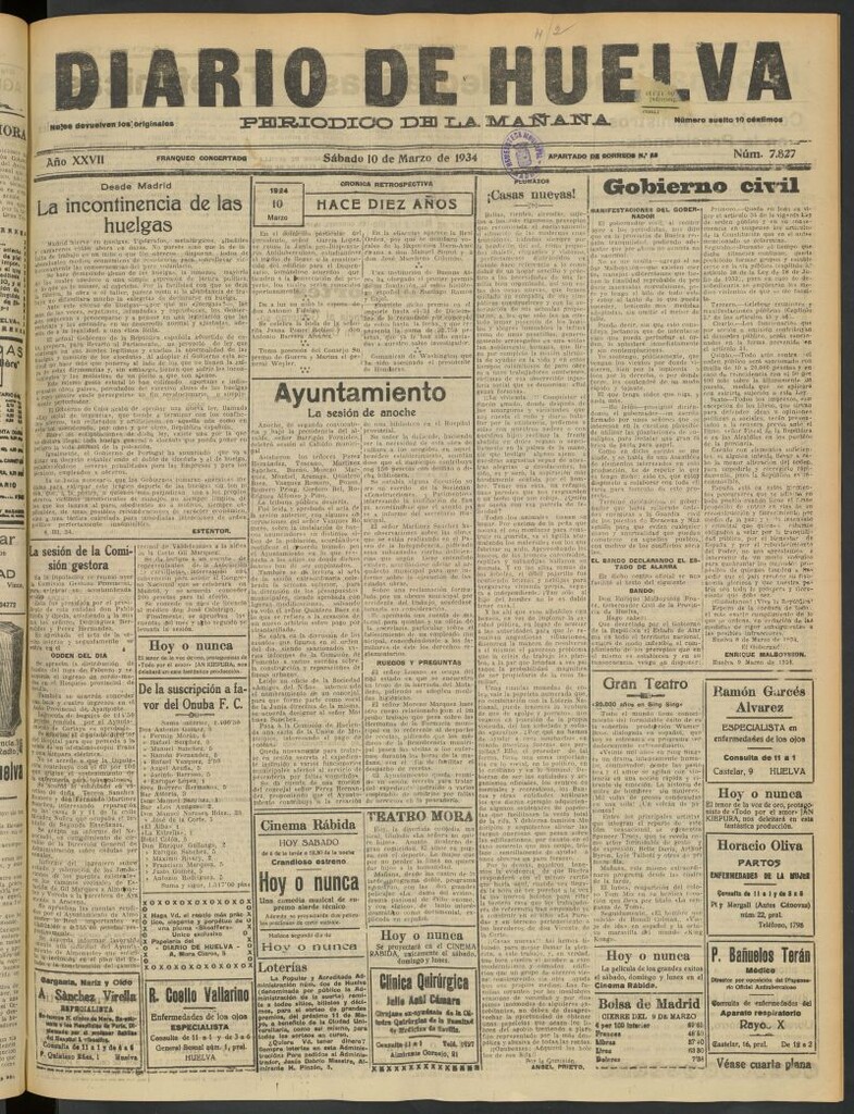 Miniatura de Diario de Huelva : periódico independiente del 10 de marzo de 1934