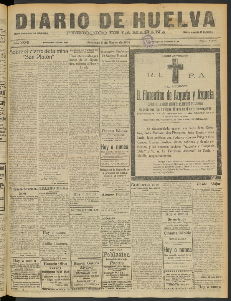 Miniatura de Diario de Huelva : periódico independiente del 11 de marzo de 1934