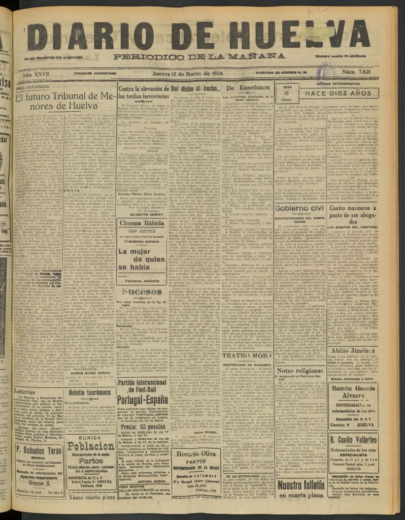 Miniatura de Diario de Huelva : periódico independiente del 15 de marzo de 1934