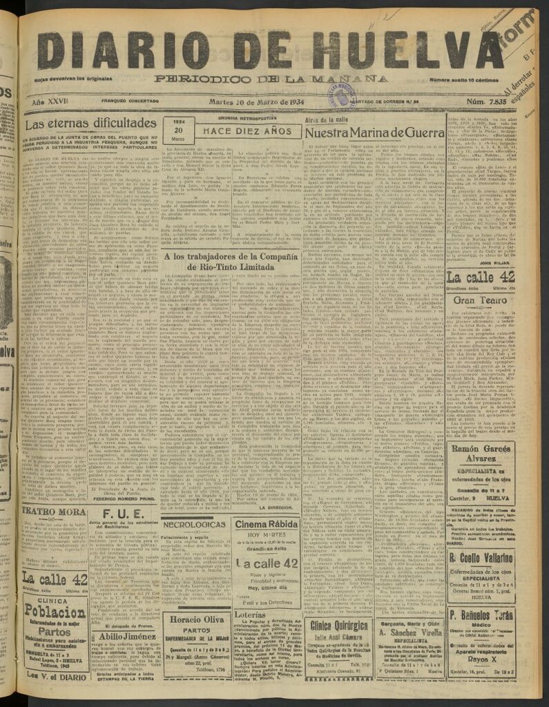 Miniatura de Diario de Huelva : periódico independiente del 20 de marzo de 1934