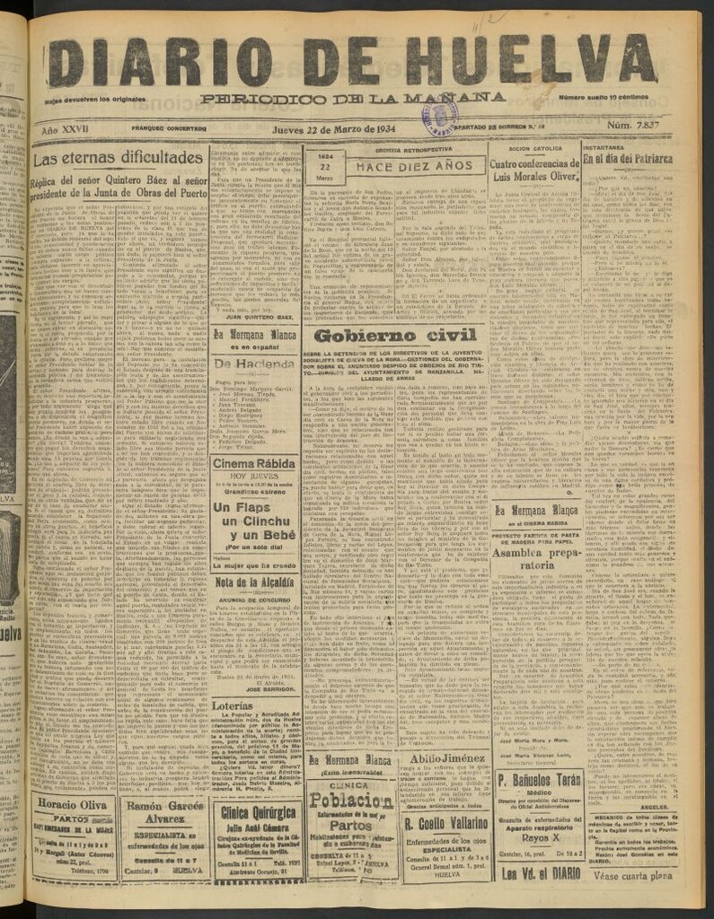 Miniatura de Diario de Huelva : periódico independiente del 22 de marzo de 1934