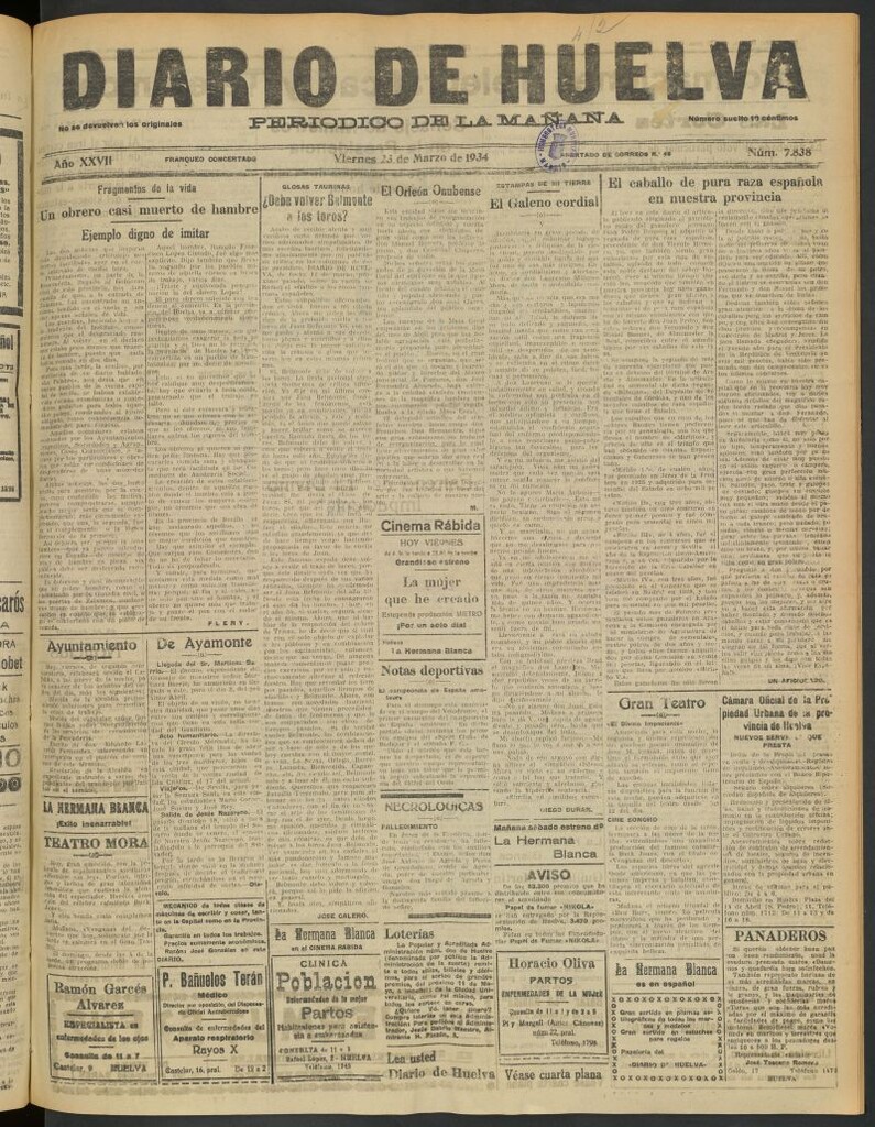 Miniatura de Diario de Huelva : periódico independiente del 23 de marzo de 1934