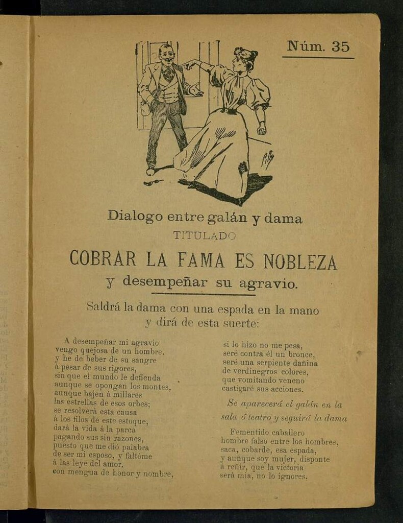 Miniatura de Diálogo entre galán y dama titulado Cobrar la fama es nobleza y desempeñar su agravio