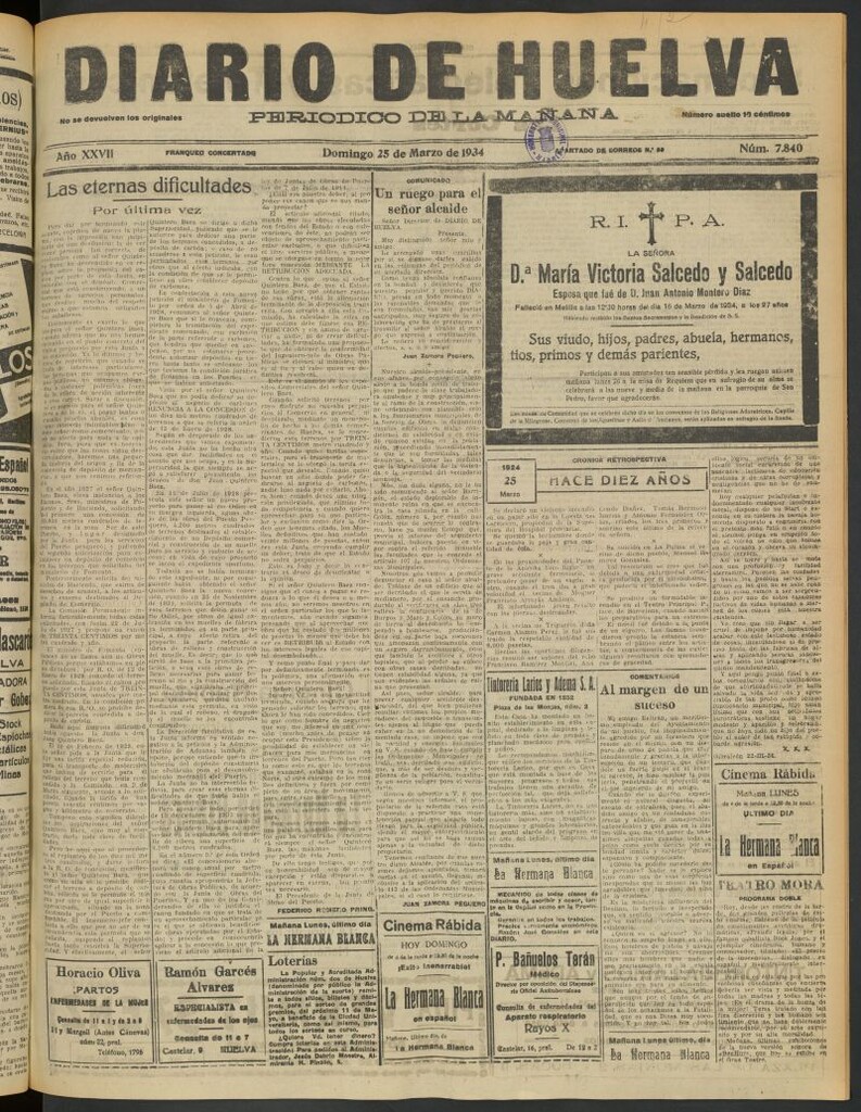 Miniatura de Diario de Huelva : periódico independiente del 25 de marzo de 1934