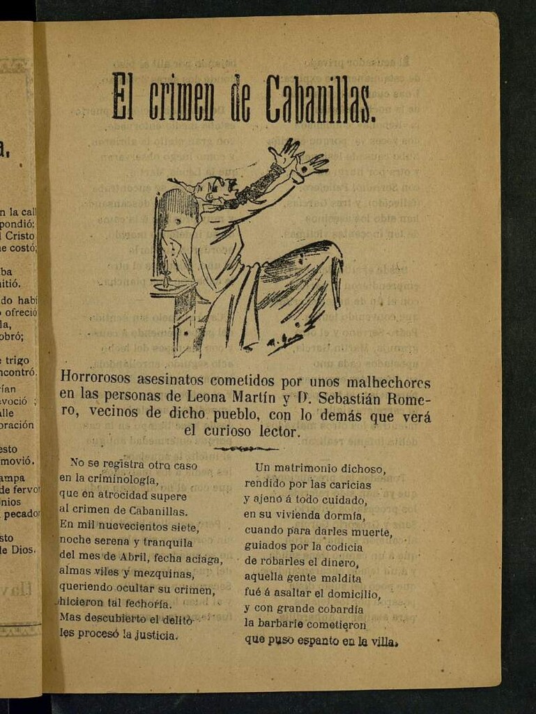 Miniatura de El crimen de Cabanillas : horrorosos asesinatos cometidos por unos malhechores en las personas de Leona Martín y D. Sebastián Romero...