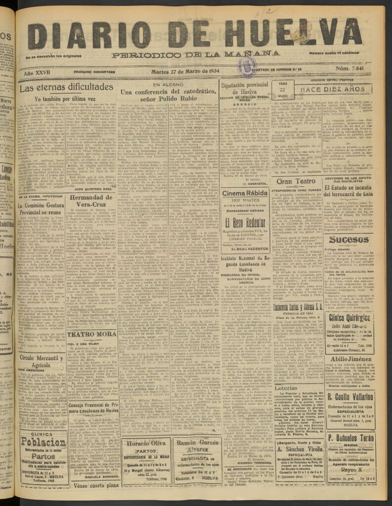 Miniatura de Diario de Huelva : periódico independiente del 27 de marzo de 1934