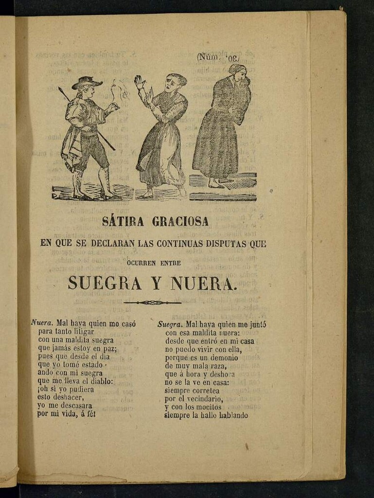 Miniatura de Sátira graciosa en que declaran las continuas disputas que ocurren entre suegra y nuera
