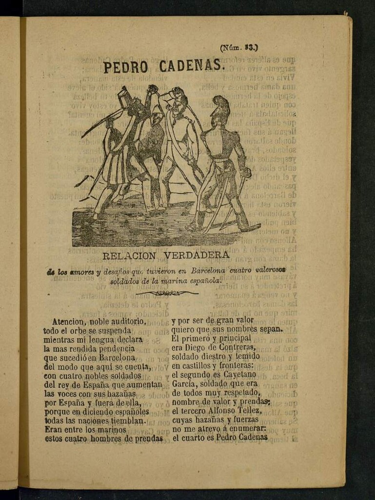 Miniatura de Pedro Cadenas : relación verdadera de los amores y desafíos que tuvieron en Barcelona cuatro valerosos soldados de la marina española