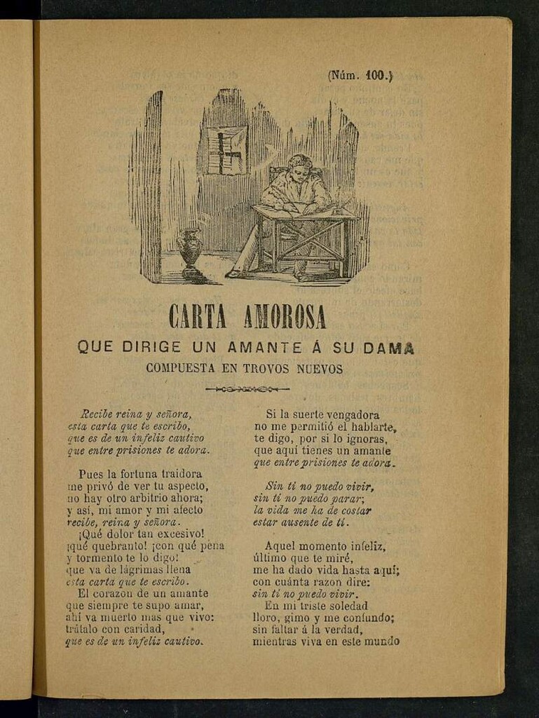Miniatura de Carta amorosa que dirige un amante a su dama compuesta en trovos nuevos