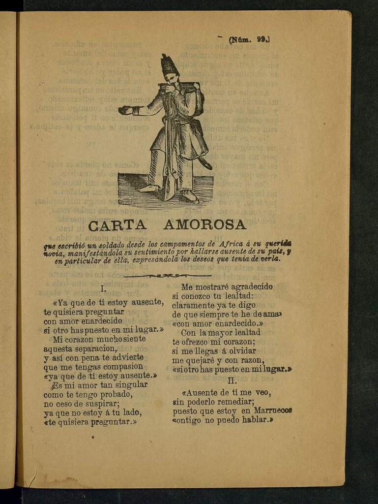 Miniatura de Carta amorosa que escribió un soldado desde los campamentos de Africa a su querida novia...; contestación amorosa que dió la joven a su amante...