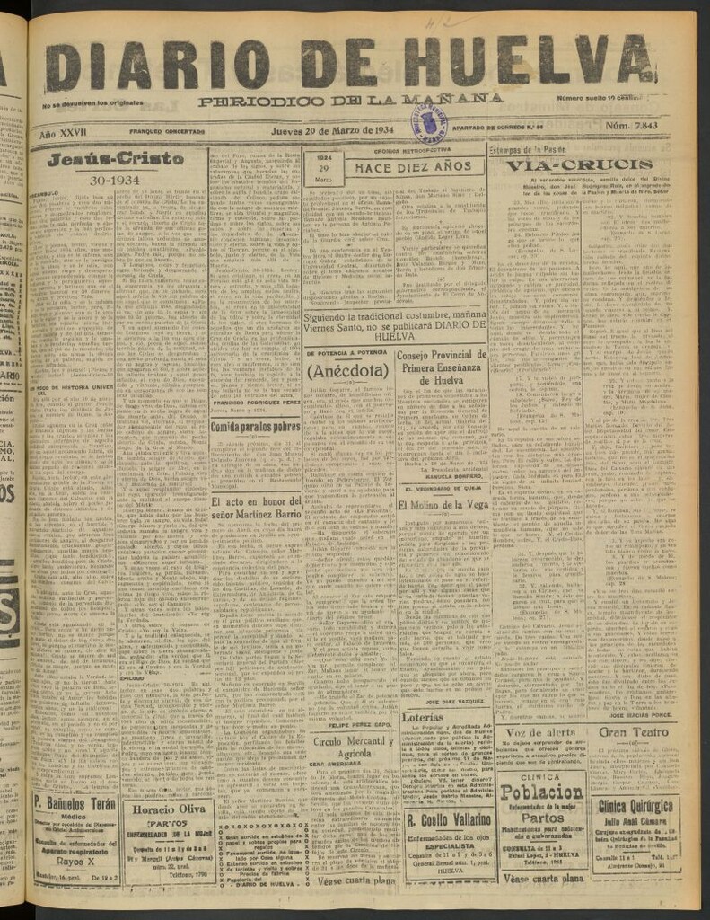 Miniatura de Diario de Huelva : periódico independiente del 29 de marzo de 1934