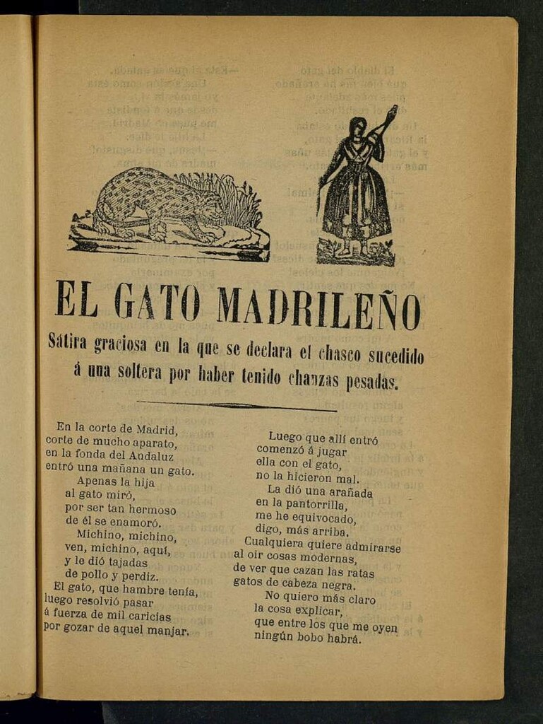 Miniatura de El gato madrileño : sátira graciosa en la que se declara el chasco sucedido a una soltera por haber tenido chanzas pesadas ; Cande la Ricarda y su amante don Mariano