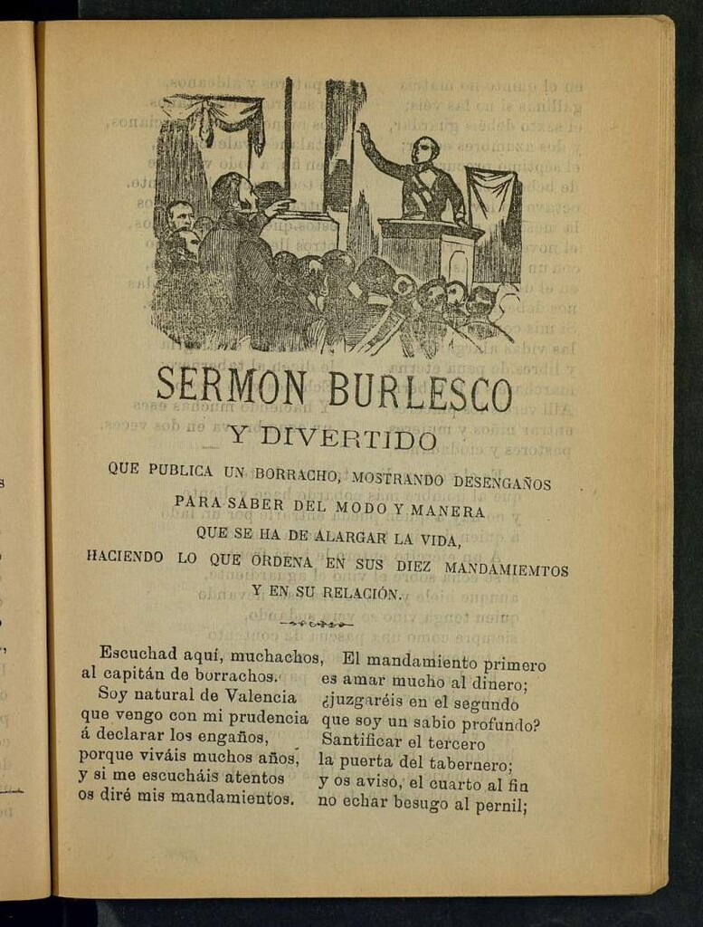 Miniatura de Sermón burlesco y divertido que publica un borracho, mostrando desengaños para saber del modo y manera que se ha de alargar la vida, haciendo lo que ordena en sus diez mandamientos y en su relación