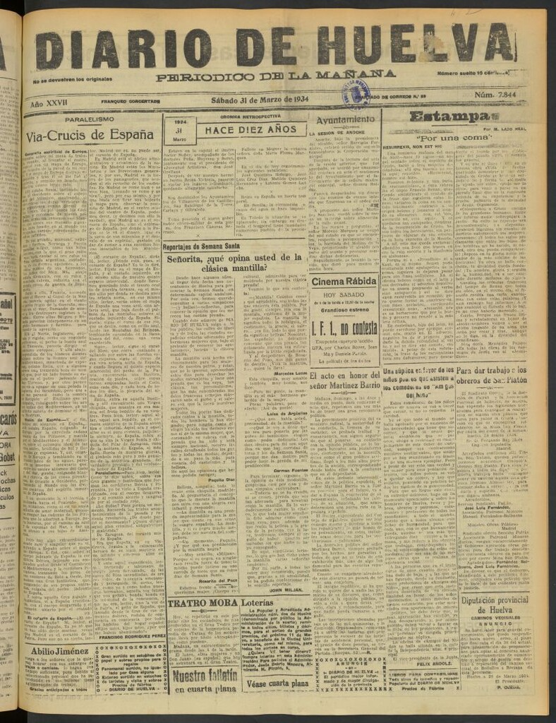 Miniatura de Diario de Huelva : periódico independiente del 31 de marzo de 1934
