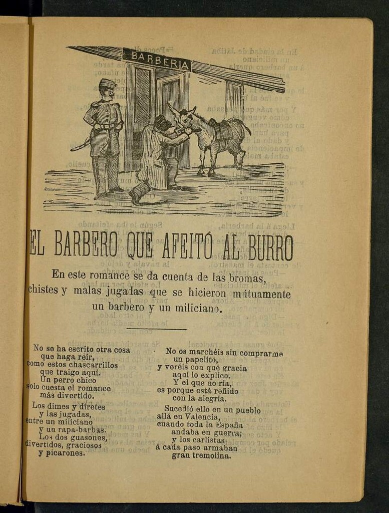 Miniatura de El barbero que afeitó al burro : este romance se da cuenta de las bromas, chistes y malas jugadas que se hicieron mutuamente un un barberoy un miliciano