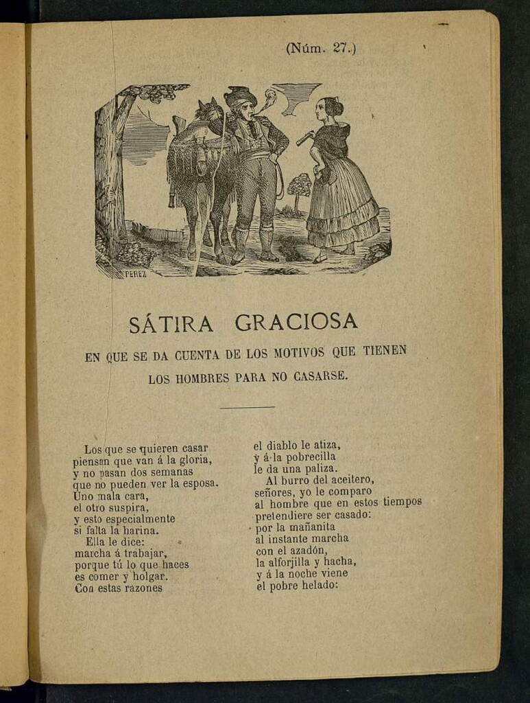 Miniatura de Sátira graciosa en que se da cuenta de los motivos que tienen los hombres para no casarse