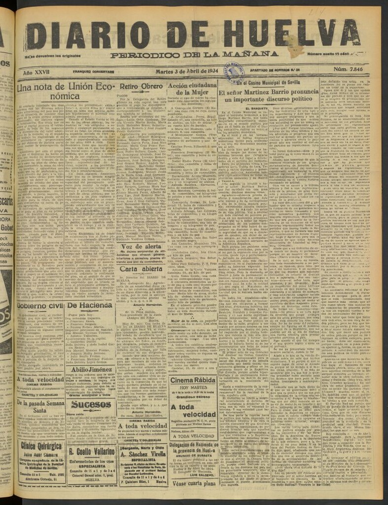 Miniatura de Diario de Huelva : periódico independiente del 3 de abril de 1934