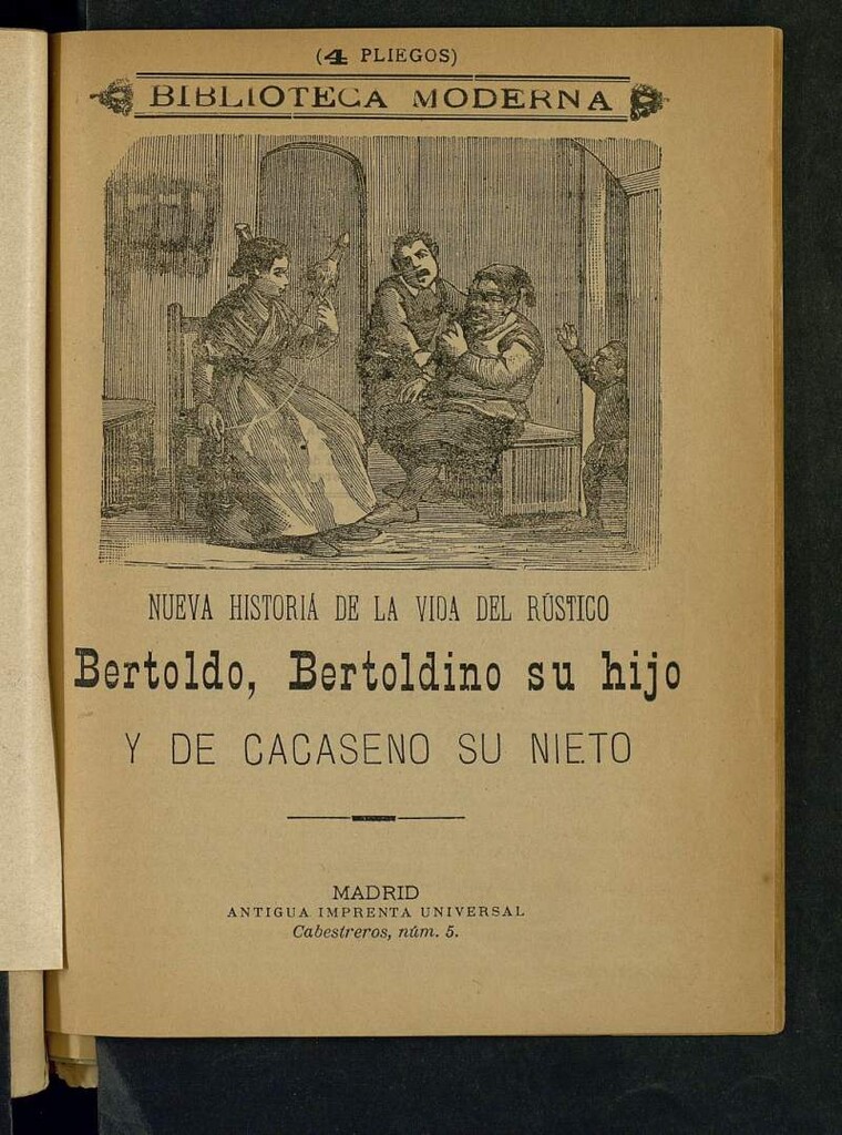 Miniatura de Nueva historia de la vida del rústico Bertoldo, Bertoldino su hijo y de Cacaseno su nieto