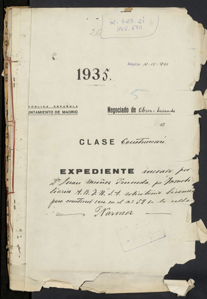 Miniatura de Licencia para construcción de una casa en la calle de Narváez nº 59