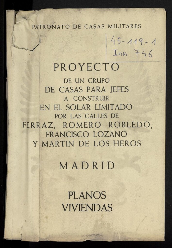 Miniatura de Proyecto del Patronato de casas militares en el solar que comprende las calles de Ferraz, Romero Robledo, Francisco Lozano y Martín de los Heros