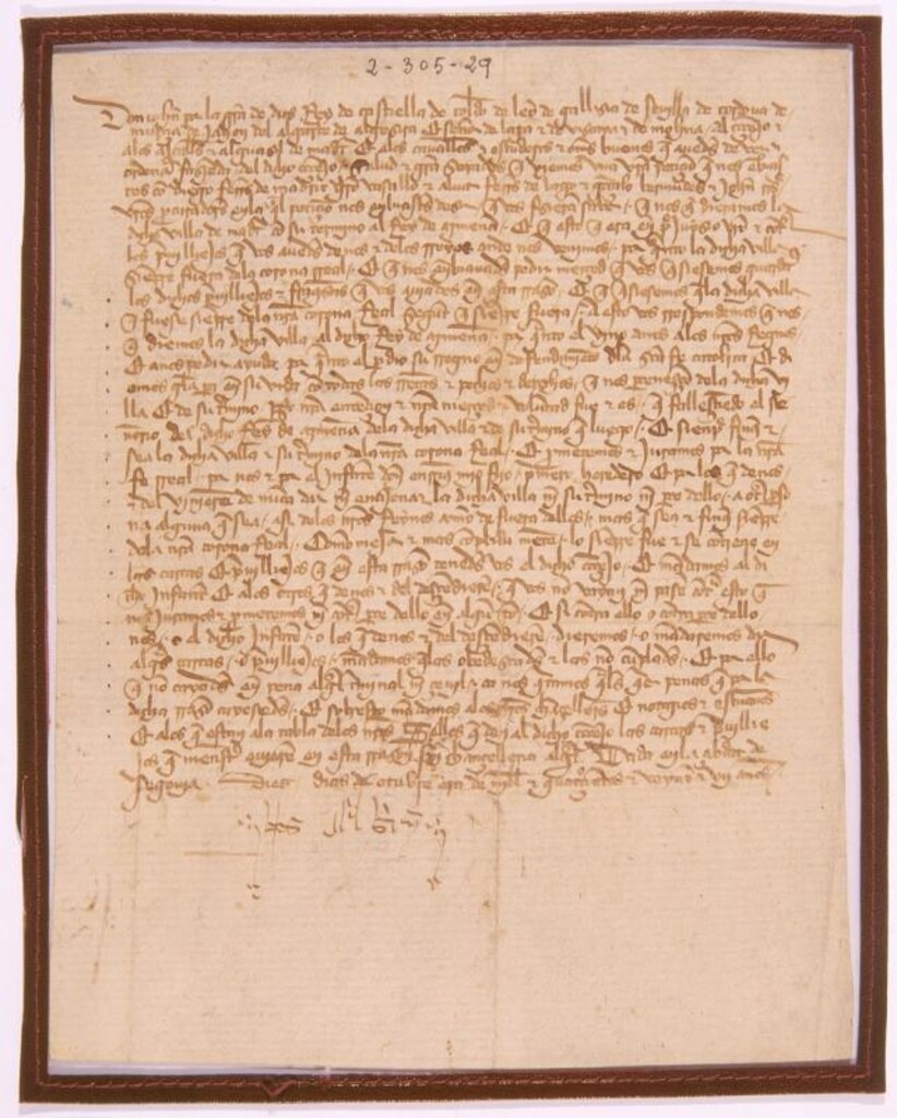 Miniatura de Provisión de Juan I prometiendo a la Villa su reiserción en el patrimonio real cuando muera su señor León V de Armenia y asegurando que nunca más volverá a ser enajenada de la Corona