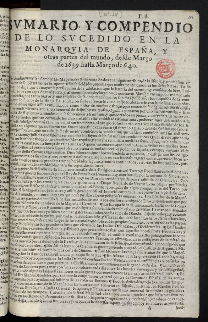 Miniatura de Sumario y compendio de lo sucedido en la Monarquia de España, y otras partes del mundo, desde Março de 1639, hasta Março de 640 [sic]