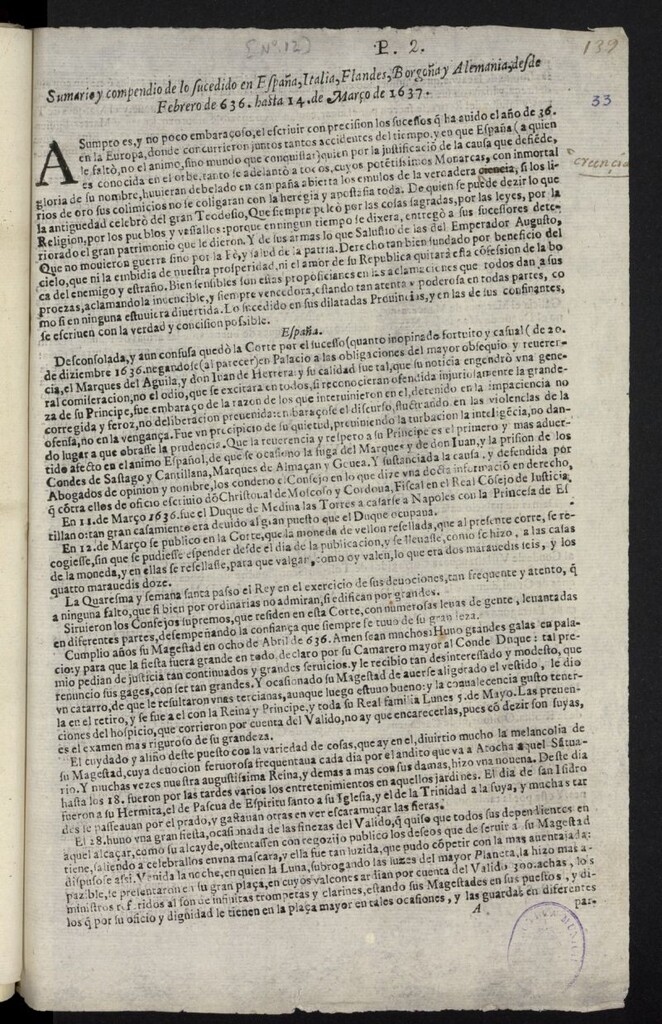 Miniatura de Sumario y compendio de lo sucedido en España, Italia, Flandes, Borgoña y Alemania, desde Febrero de 636 [sic] hasta 14 de Março de 1637