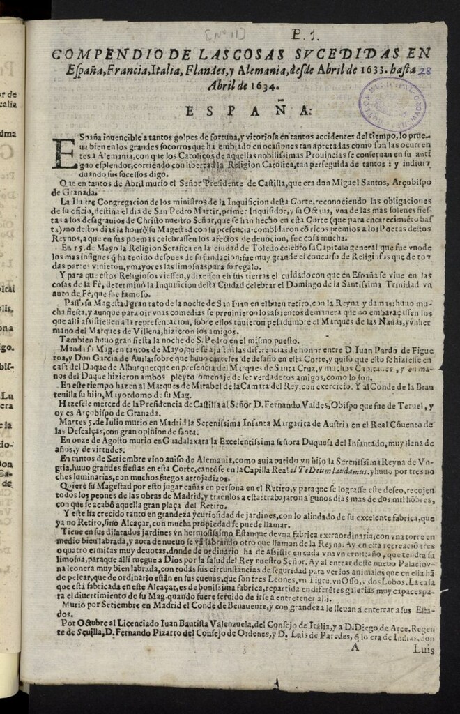 Miniatura de Compendio de las cosas sucedidas en España, Francia, Italia, Flandes, y Alemania, desde Abril de 1633, hasta Abril de 1634