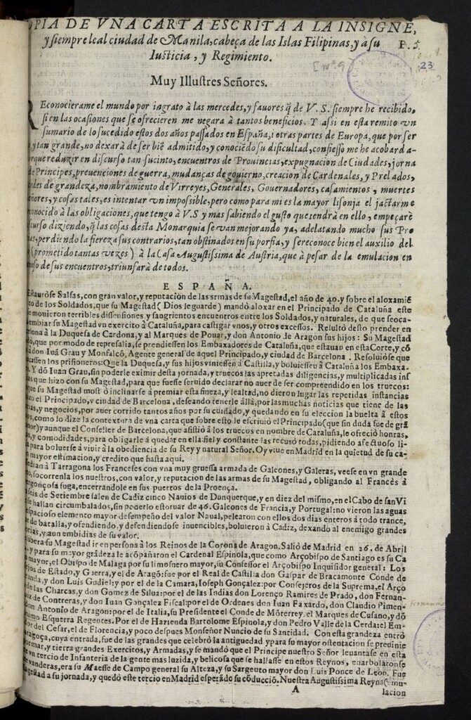 Miniatura de Copia de una carta escrita a la insigne, y siempre leal ciudad de Manila, cabeça de las Islas Filipinas, y à su Iusticia, y Regimiento