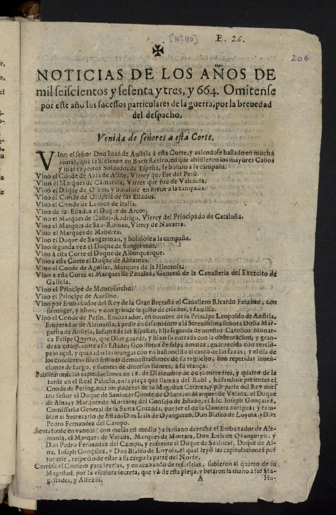 Miniatura de Noticias de los años de mil seiscientos y sesenta y tres, y 664: Omitense por este año los sucessos particulares de la guerra, por la brevedad del despacho
