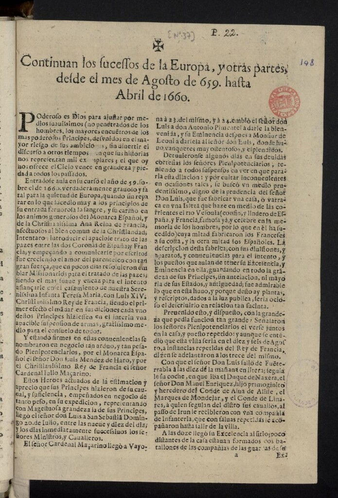 Miniatura de Continuan los sucessos de la Europa, y otras partes, desde el mes de Agosto de 659 [sic] hasta Abril de 1660
