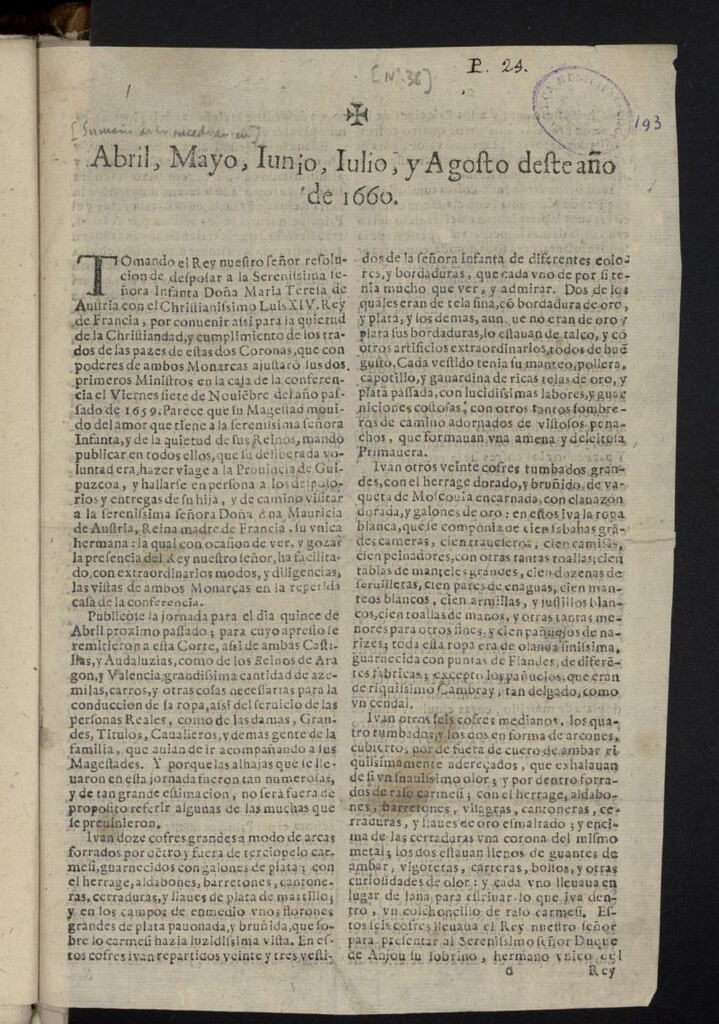 Miniatura de [Sumario de lo sucedido en] Abril, Mayo, Iunio, Iulio, y Agosto deste año de 1666