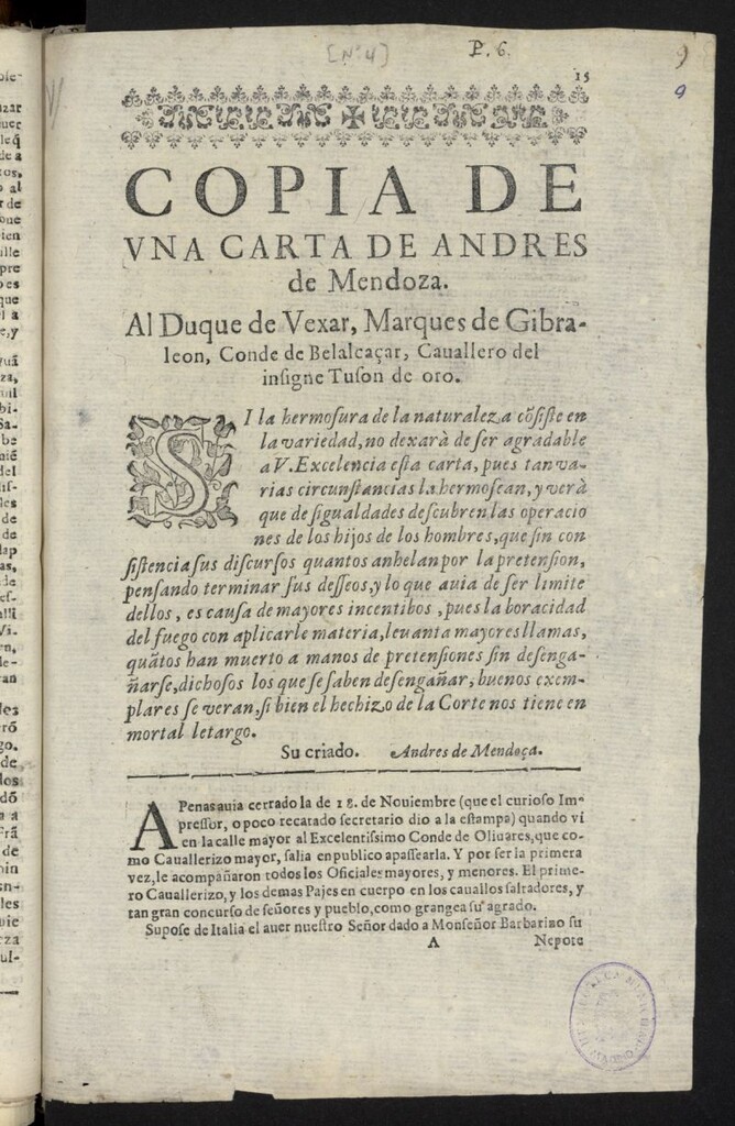 Miniatura de Copia de una carta de Andres de Mendoza, Al Duque de Vexar, Marques de Gibraleon, Conde de Belalcaçar, cavallero del insigne Tuson de oro
