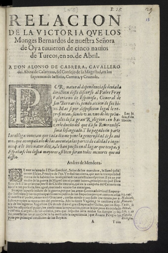 Miniatura de Relacion de la victoria que los Monges Bernardos de nuestra Señora de Oya tuvieron de cinco navios de Turcos, en 20 de Abril