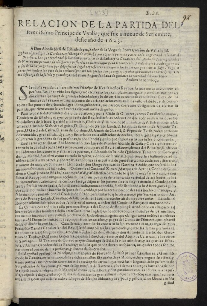 Miniatura de Relacion de la partida del serenissimo Principe de Vvalia, que fue a nueve de Setiembre, deste año de 1623
