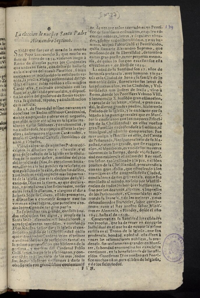 Miniatura de La Eleccion de nuestro Santo Padrem Alexandro Septimo