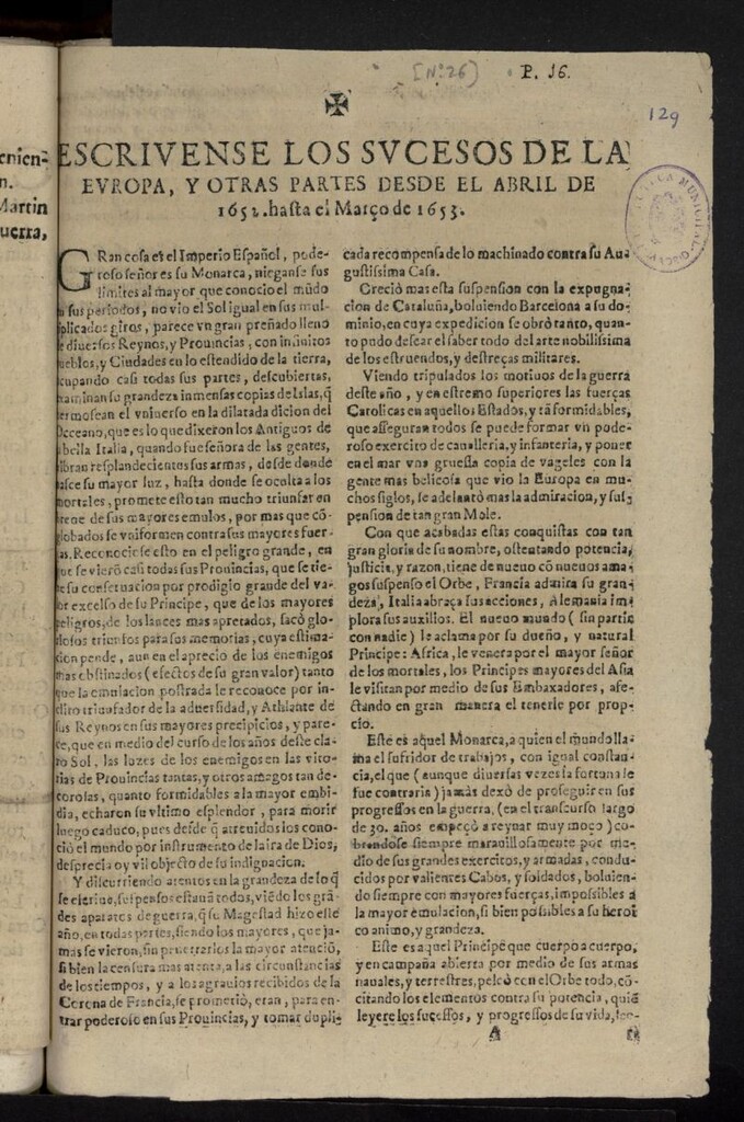 Miniatura de Escrivense los sucesos de la Europa, y otras partes desde el abril de 1652 hasta el Março de 1653