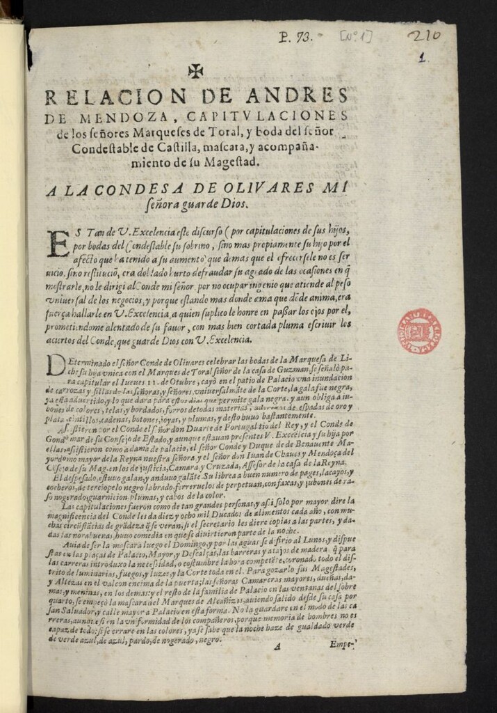 Miniatura de Relacion de Andres de Mendoza, capitulaciones de los señores Marqueses de Toral, y boda del señor Condestable de Castilla, mascara, yacompañamiento de su magestad, a la Condesa de Olivares ...