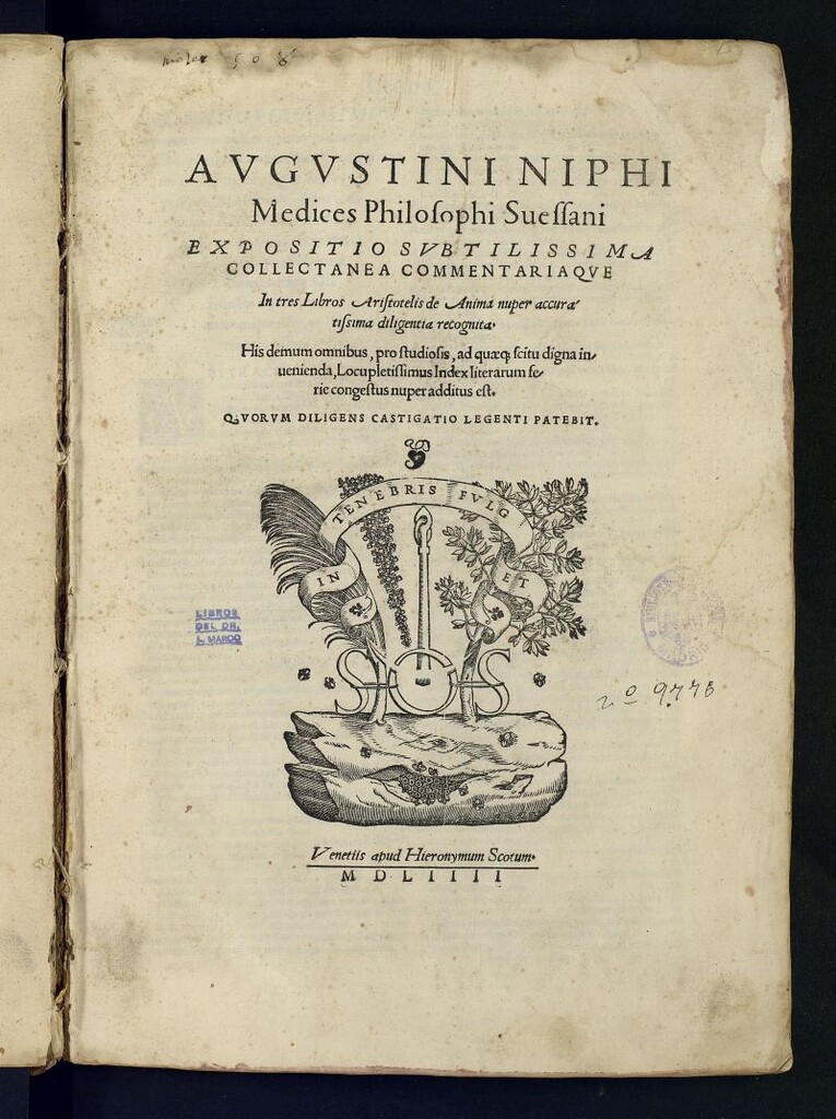 Miniatura de Augustini Niphi ... expositio subtilissima collectanea commentariaque In tres Libros Aristotelis de Anima nuper ... recognita